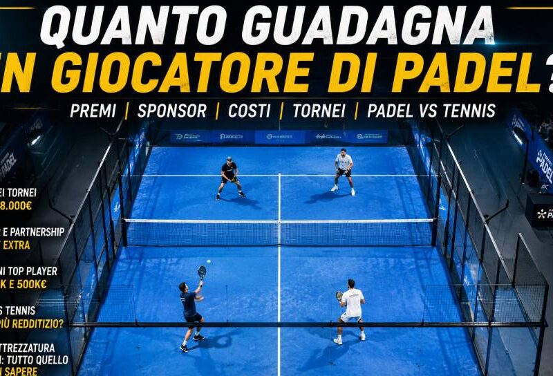 Quanto guadagna un giocatore di padel, partita professionistica vista dall’alto su campo blu con quattro giocatori e informazioni su premi, sponsor e costi.