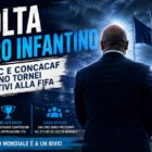 Rivolta contro Infantino: dirigente FIFA raffigurato di spalle in uno stadio, mentre UEFA, AFC e Concacaf valutano tornei alternativi e chiedono maggiore trasparenza nel calcio mondiale.