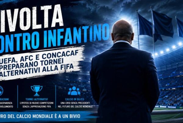 Rivolta contro Infantino: dirigente FIFA raffigurato di spalle in uno stadio, mentre UEFA, AFC e Concacaf valutano tornei alternativi e chiedono maggiore trasparenza nel calcio mondiale.
