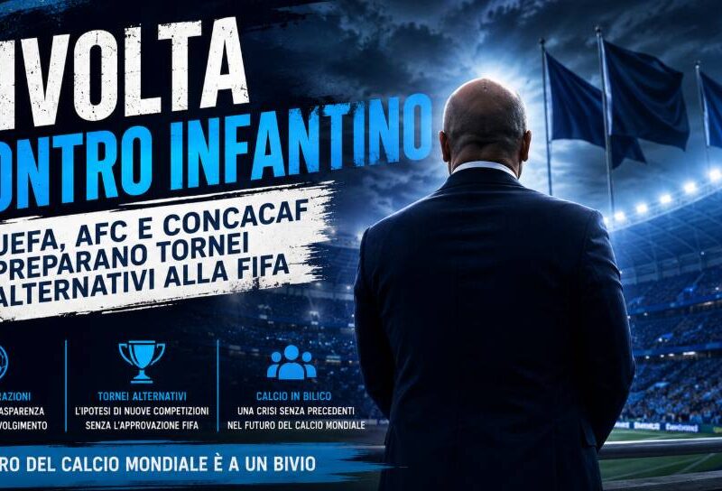 Rivolta contro Infantino: dirigente FIFA raffigurato di spalle in uno stadio, mentre UEFA, AFC e Concacaf valutano tornei alternativi e chiedono maggiore trasparenza nel calcio mondiale.