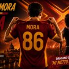 Rodrigo Mora alla Roma con maglia giallorossa numero 86, raffigurato di spalle accanto a un cantante con microfono alzato, in una grafica dedicata al trasferimento dal Porto.