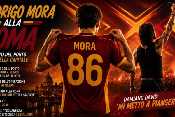 Rodrigo Mora alla Roma con maglia giallorossa numero 86, raffigurato di spalle accanto a un cantante con microfono alzato, in una grafica dedicata al trasferimento dal Porto.
