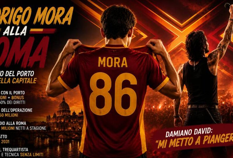 Rodrigo Mora alla Roma con maglia giallorossa numero 86, raffigurato di spalle accanto a un cantante con microfono alzato, in una grafica dedicata al trasferimento dal Porto.