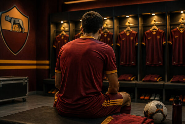 Roma al fantacalcio 2026/27, calciatore giallorosso di spalle nello spogliatoio prima della partita