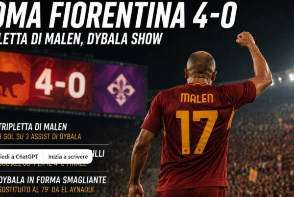 Roma Fiorentina 4-0: Malen di spalle festeggia la tripletta realizzata su tre assist di Dybala nella prima giornata di Serie A 2026/27