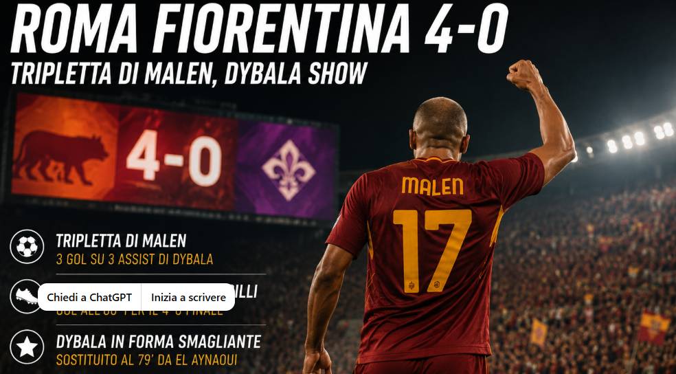 Roma Fiorentina 4-0: tripletta di Malen, Dybala show