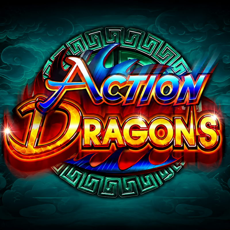 Slot Action Dragons di Ainsworth con logo colorato, drago stilizzato e ambientazione orientale caratterizzata da tonalità rosse, dorate e turchesi.