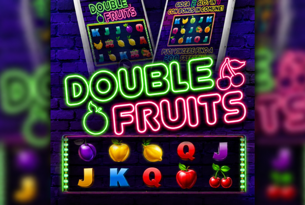 Slot Double Fruits di Capecod con insegna al neon, simboli di frutta, ciliegie e rulli della slot su sfondo viola.