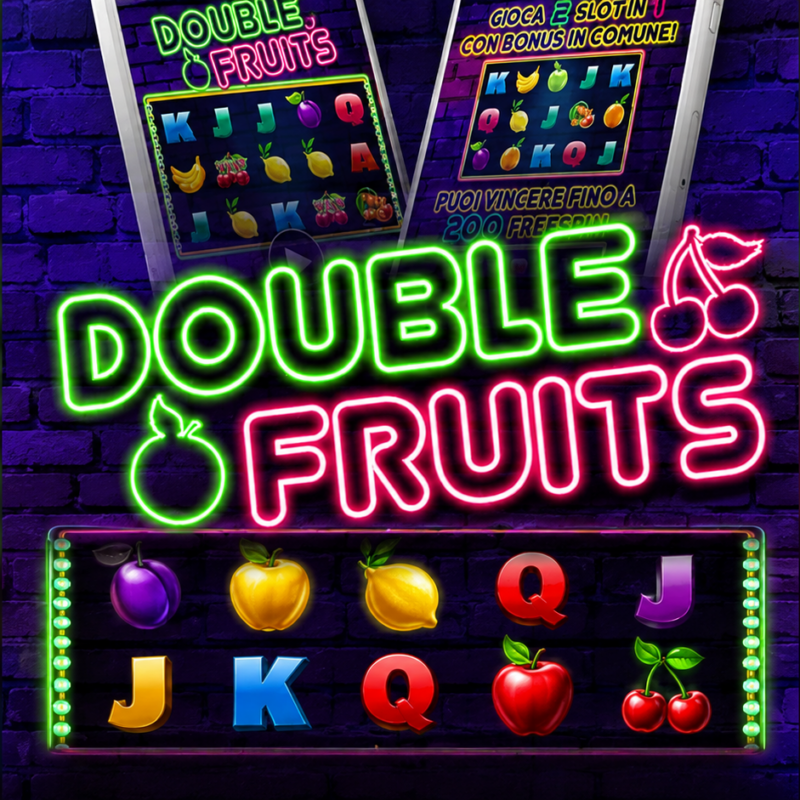 Slot Double Fruits di Capecod con insegna al neon, simboli di frutta, ciliegie e rulli della slot su sfondo viola.