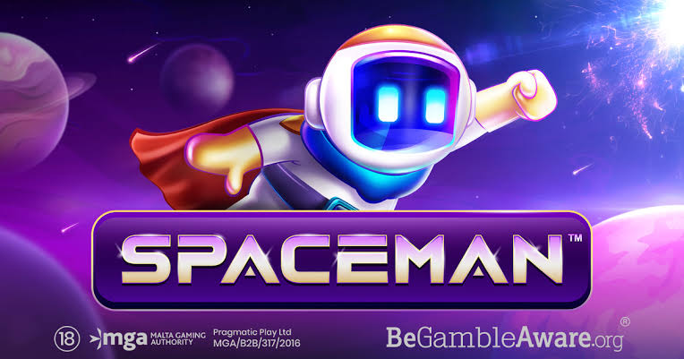 Personaggio astronauta stilizzato Spaceman su sfondo viola, con visiera luminosa blu, gesto della vittoria e logo SPACEMAN in primo piano.