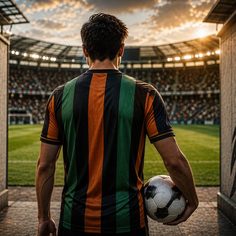 Venezia al fantacalcio 2026/27, calciatore arancioneroverde di spalle con pallone mentre entra in campo.