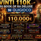 Vinti 110K su Book of Ra Deluxe QuiGioco, grafica della maxi vincita da 110.000 euro con ambientazione egizia e giochi della saga Book of Ra.