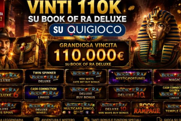 Vinti 110K su Book of Ra Deluxe QuiGioco, grafica della maxi vincita da 110.000 euro con ambientazione egizia e giochi della saga Book of Ra.