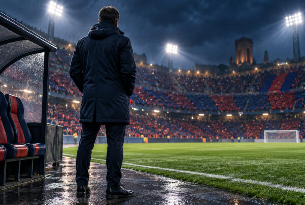 Esonero Tedesco Bologna, allenatore di spalle davanti al campo illuminato del Dall’Ara.