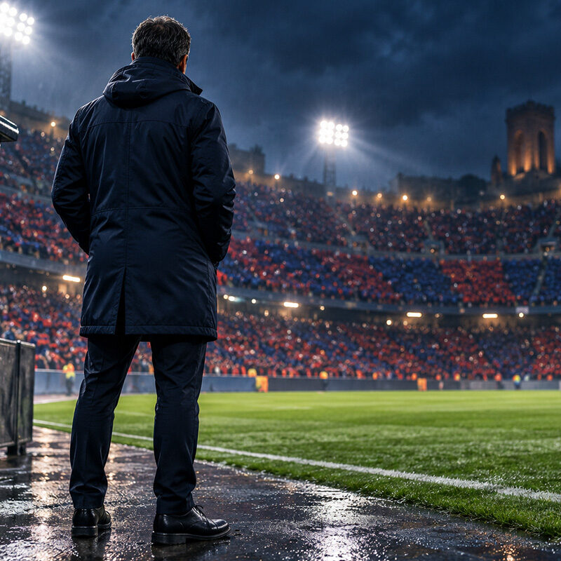 Esonero Tedesco Bologna, allenatore di spalle davanti al campo illuminato del Dall’Ara.
