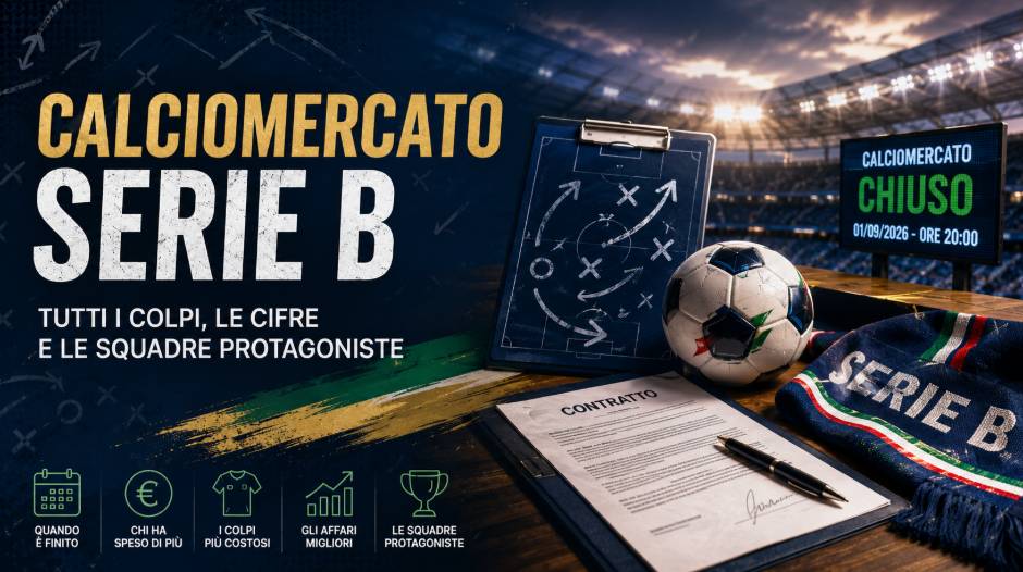 Chiusura calciomercato Serie B 2026 con contratto, pallone e grafica dedicata ai principali colpi e alle cifre del mercato.