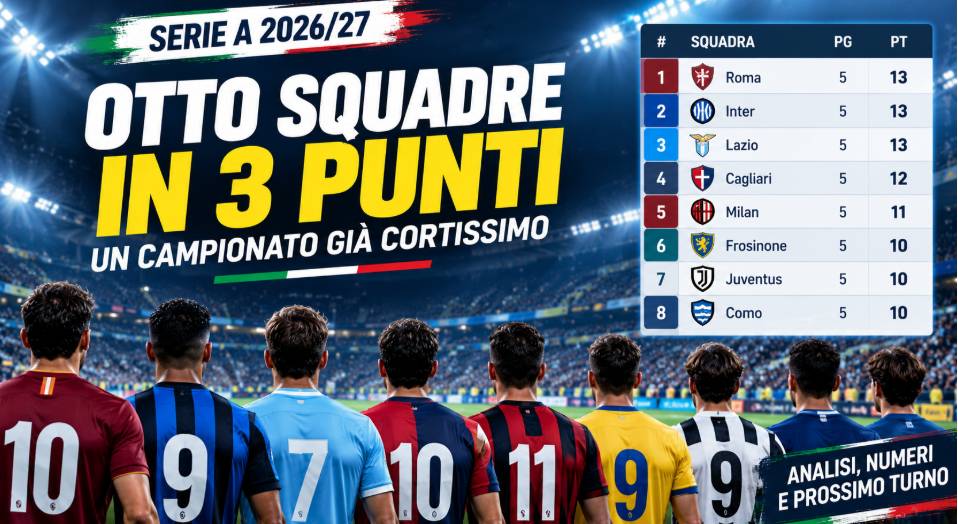 Classifica Serie A quinta giornata 2026/27 con otto squadre racchiuse in tre punti.