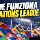 Come funziona la Nations League: immagine editoriale con trofeo, stadio e grafica dedicata alla competizione UEFA.