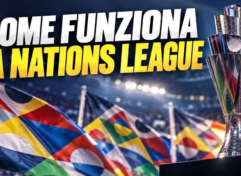 Come funziona la Nations League: immagine editoriale con trofeo, stadio e grafica dedicata alla competizione UEFA.
