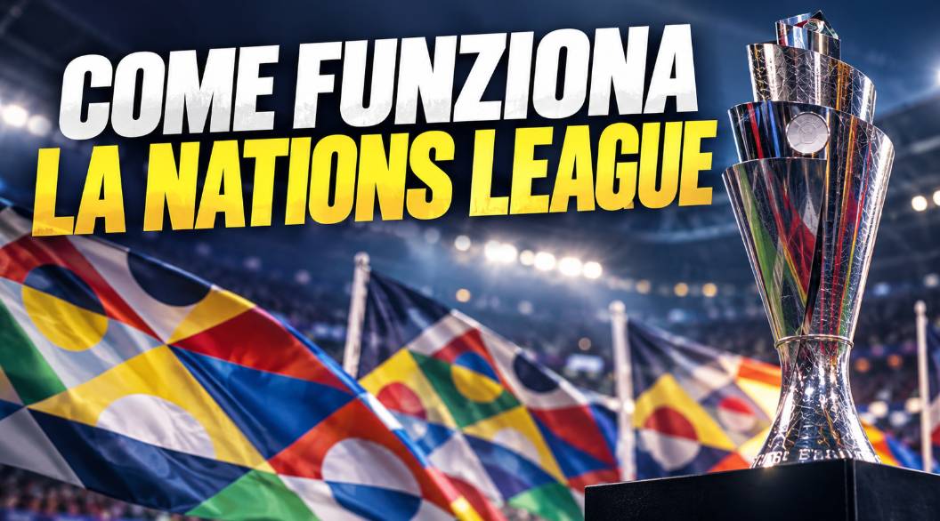 Come funziona la Nations League: immagine editoriale con trofeo, stadio e grafica dedicata alla competizione UEFA.