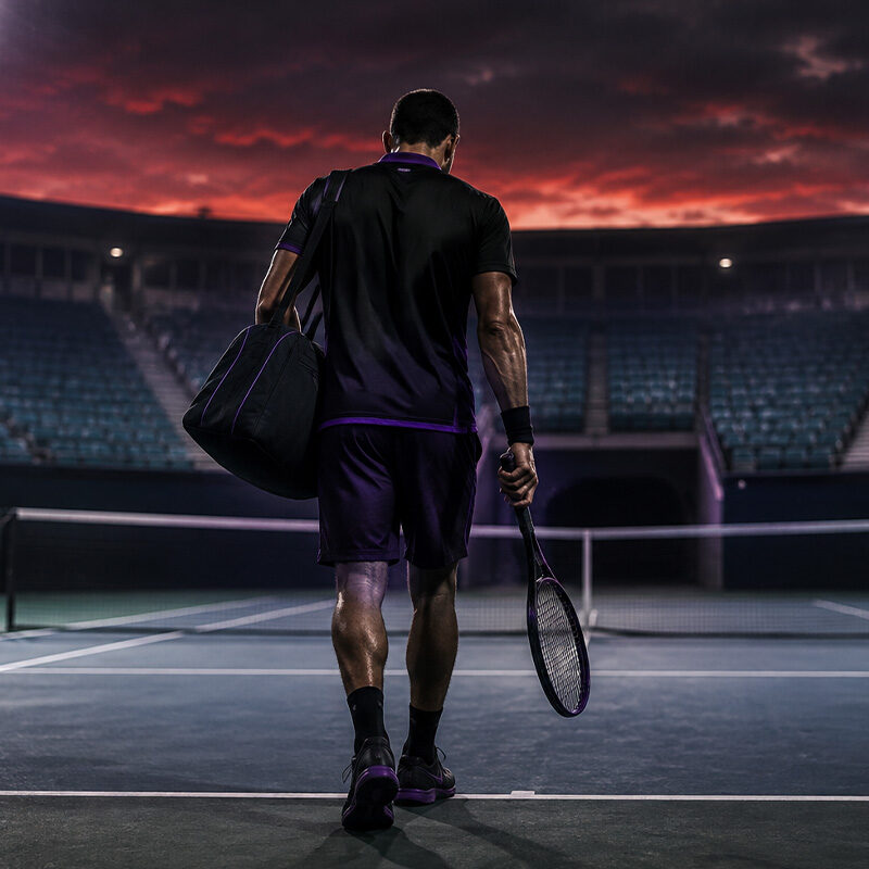 Kyrgios positivo alla cocaina, tennista di spalle mentre abbandona il campo dopo la sospensione provvisoria.