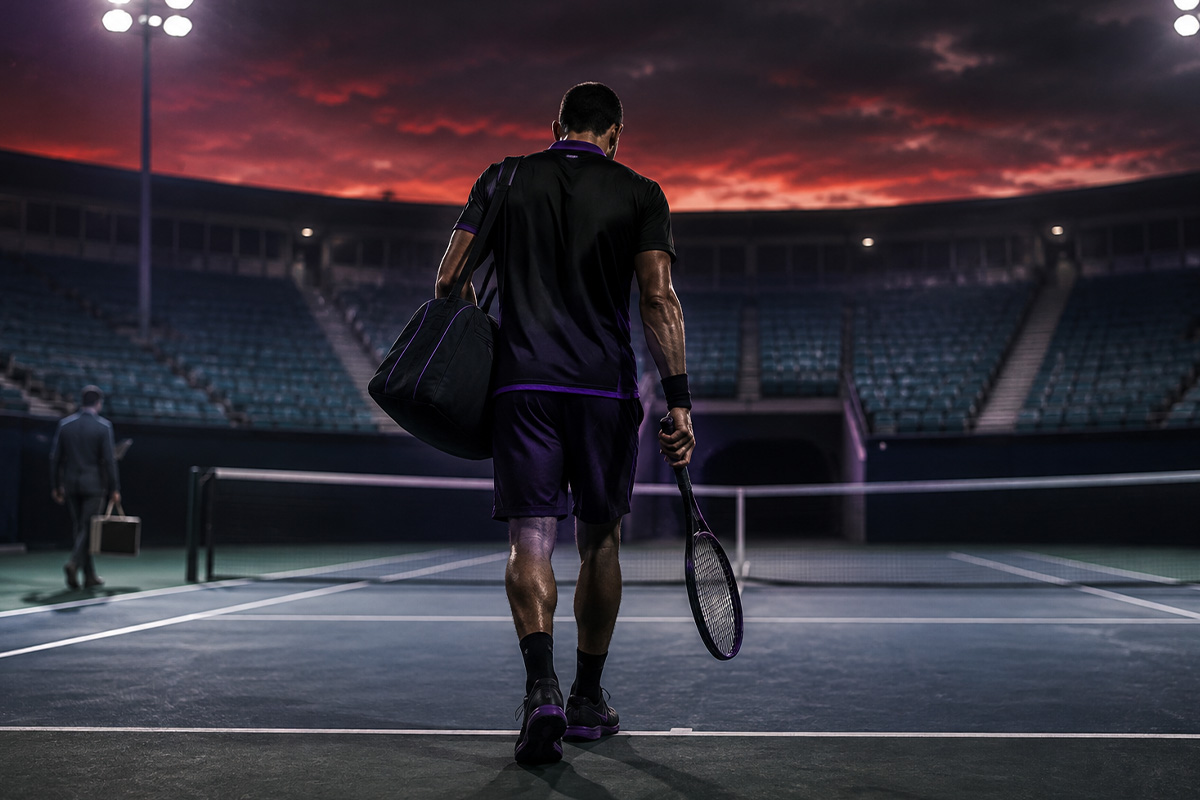 Kyrgios positivo alla cocaina, tennista di spalle mentre abbandona il campo dopo la sospensione provvisoria.