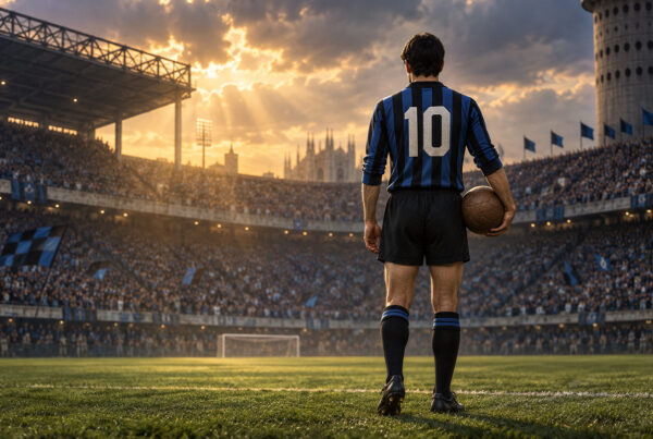 Sandro Mazzola morto, omaggio al campione dell’Inter di spalle nello stadio con la storica maglia nerazzurra numero 10