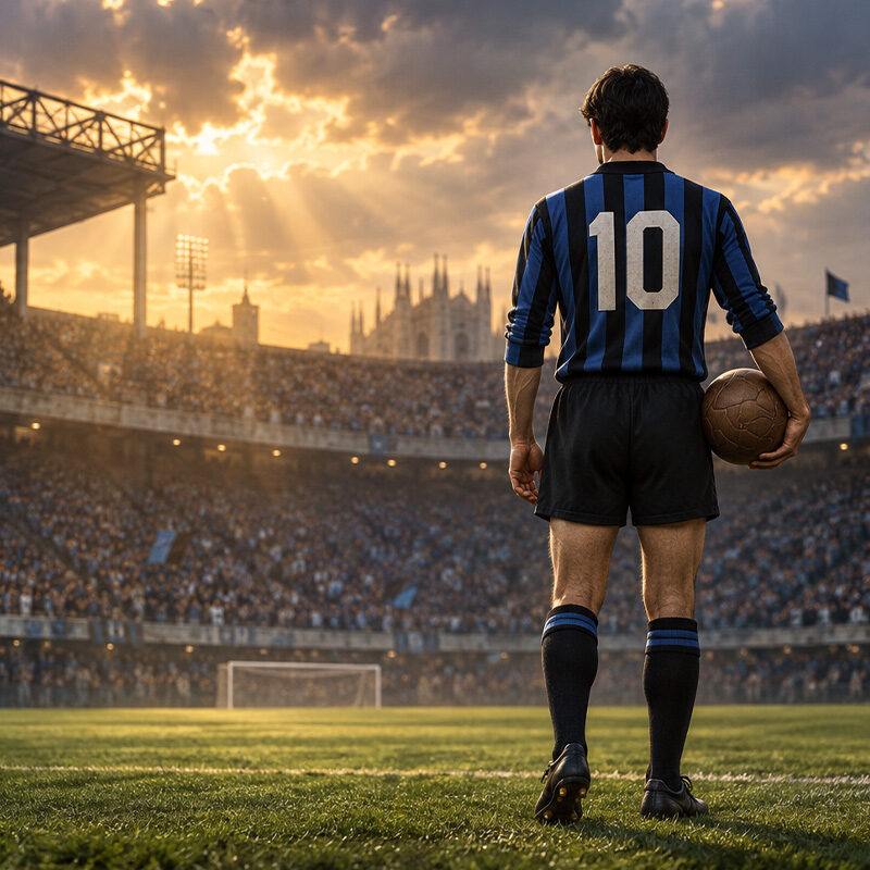 Sandro Mazzola morto, omaggio al campione dell’Inter di spalle nello stadio con la storica maglia nerazzurra numero 10