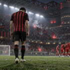 Milan-Benfica 0-2, calciatore rossonero deluso di spalle a San Siro mentre gli avversari festeggiano la vittoria.