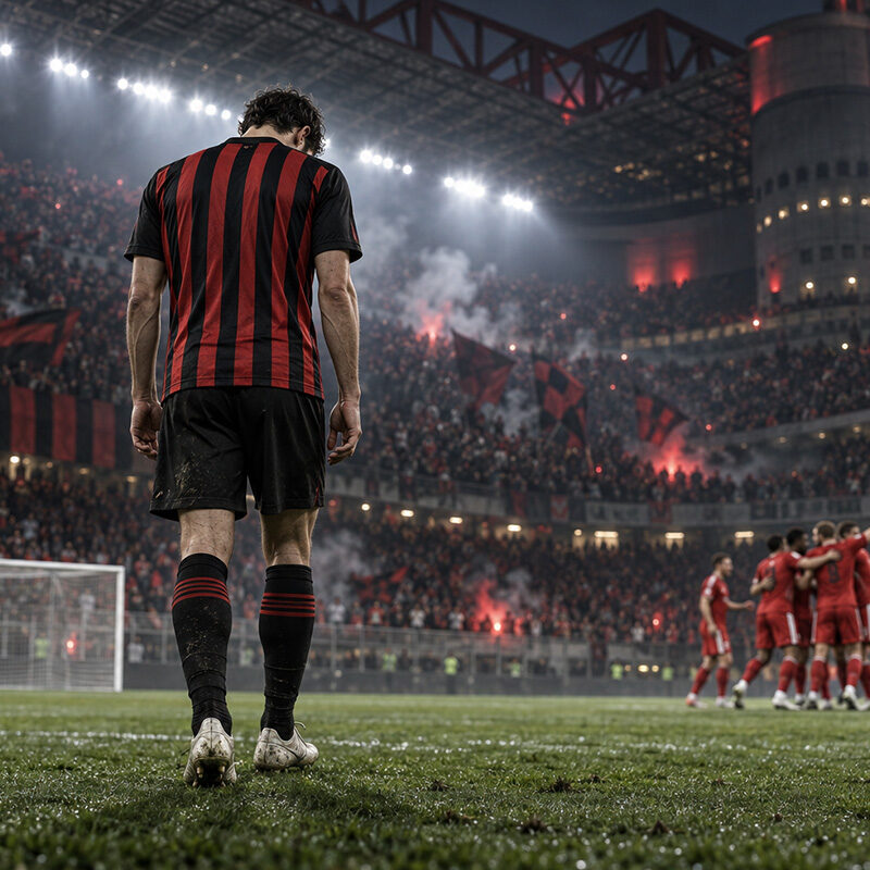 Milan-Benfica 0-2, calciatore rossonero deluso di spalle a San Siro mentre gli avversari festeggiano la vittoria.