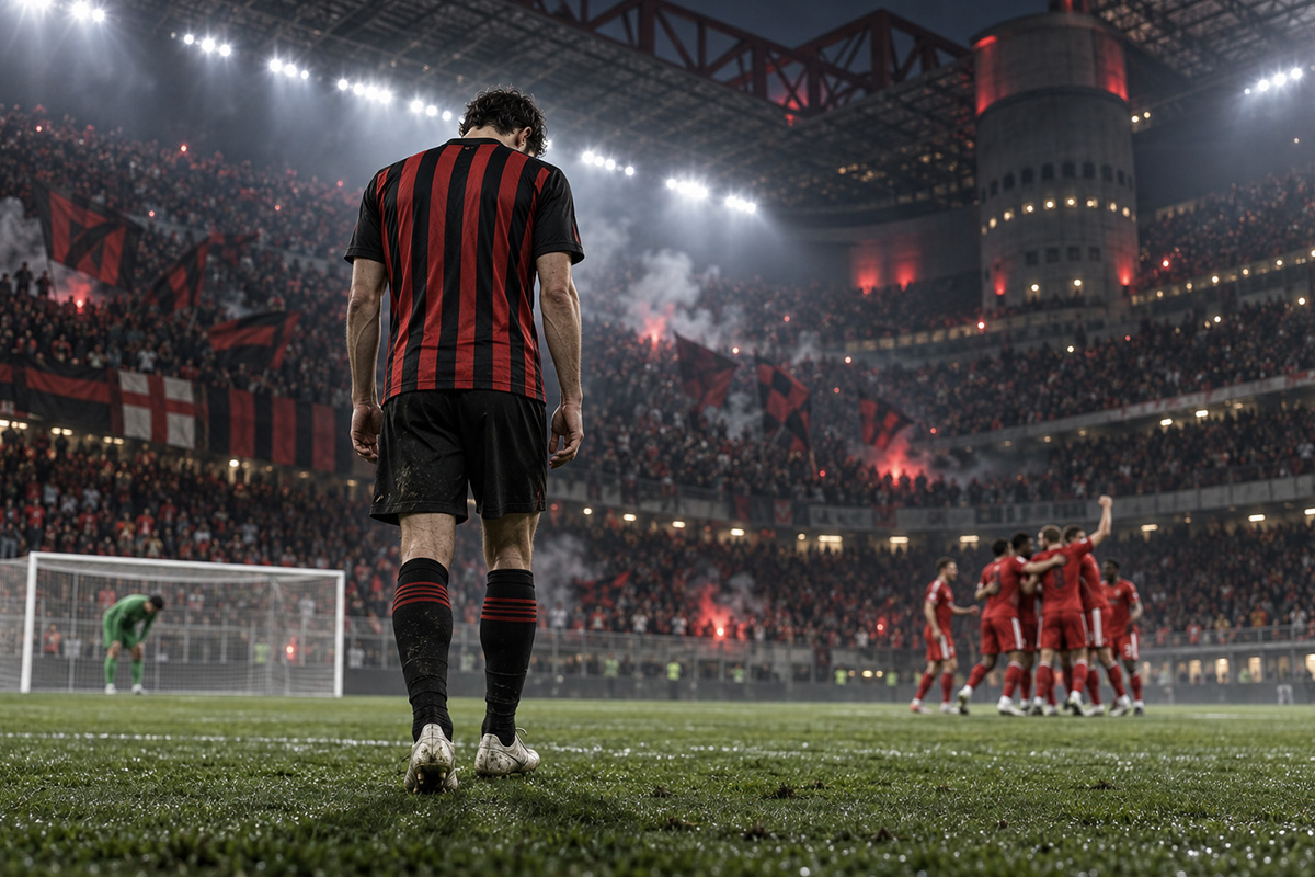 Milan-Benfica 0-2, calciatore rossonero deluso di spalle a San Siro mentre gli avversari festeggiano la vittoria.