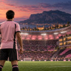 Palermo Euro 2032, calciatore rosanero di spalle nel nuovo stadio Renzo Barbera con Monte Pellegrino sullo sfondo.