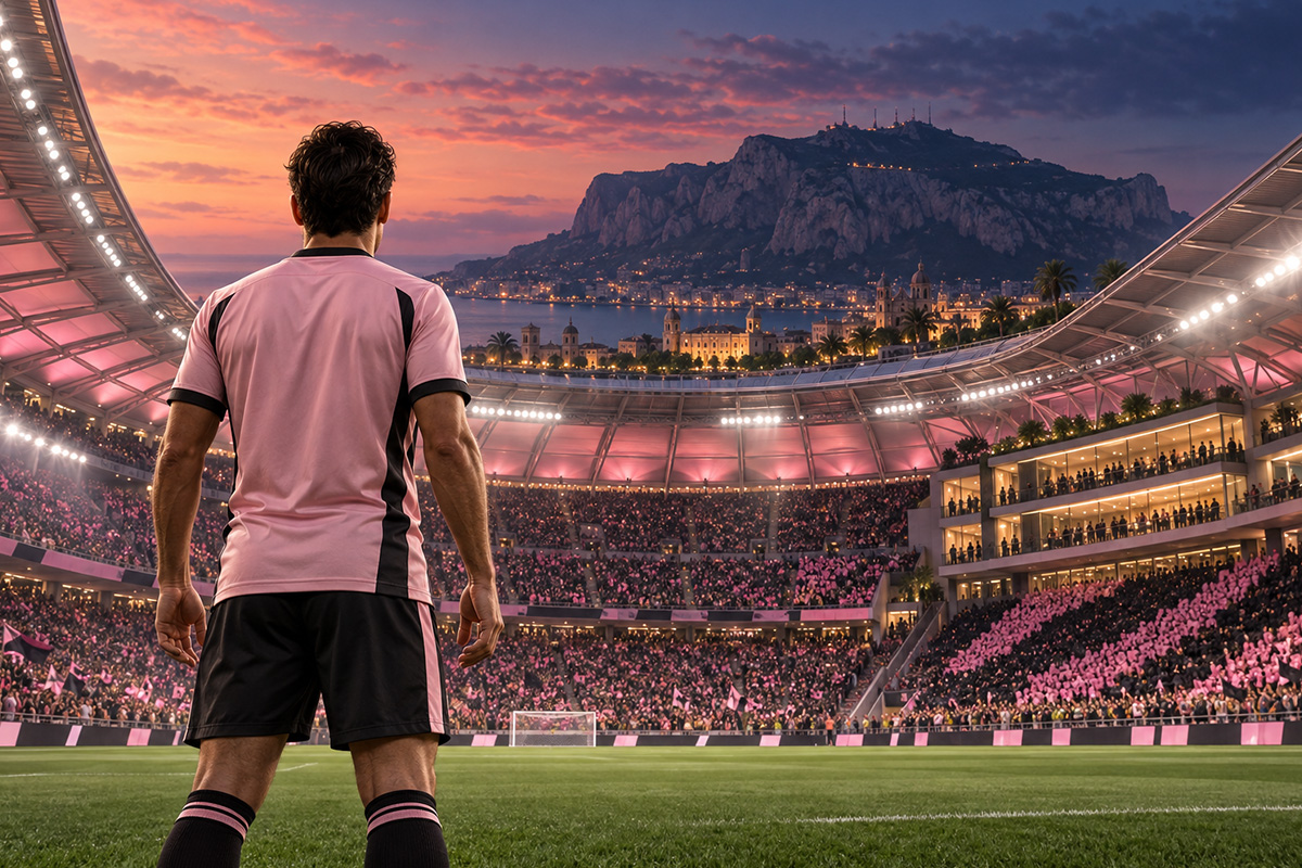 Palermo Euro 2032, calciatore rosanero di spalle nel nuovo stadio Renzo Barbera con Monte Pellegrino sullo sfondo.