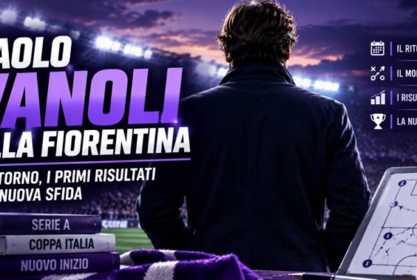 Paolo Vanoli Fiorentina: il nuovo allenatore viola rappresentato di spalle a bordo campo, con lavagna tattica e riferimenti ai primi risultati.