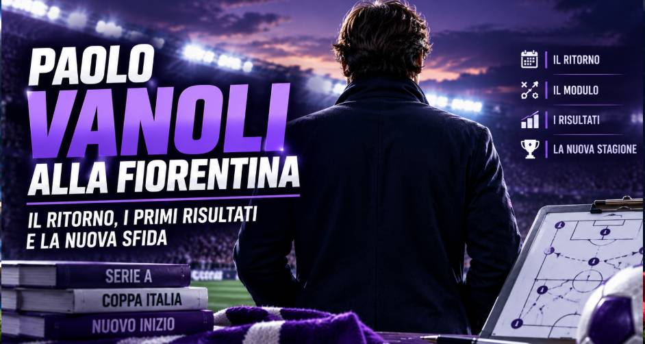 Paolo Vanoli Fiorentina: il nuovo allenatore viola rappresentato di spalle a bordo campo, con lavagna tattica e riferimenti ai primi risultati.