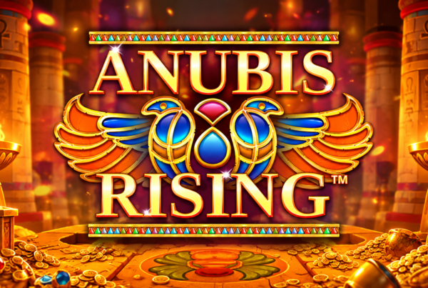 Immagine 16:9 di Slot Anubis Rising, la slot Blueprint Gaming ambientata nell’Antico Egitto, con logo centrale, simboli egizi e atmosfera luminosa.