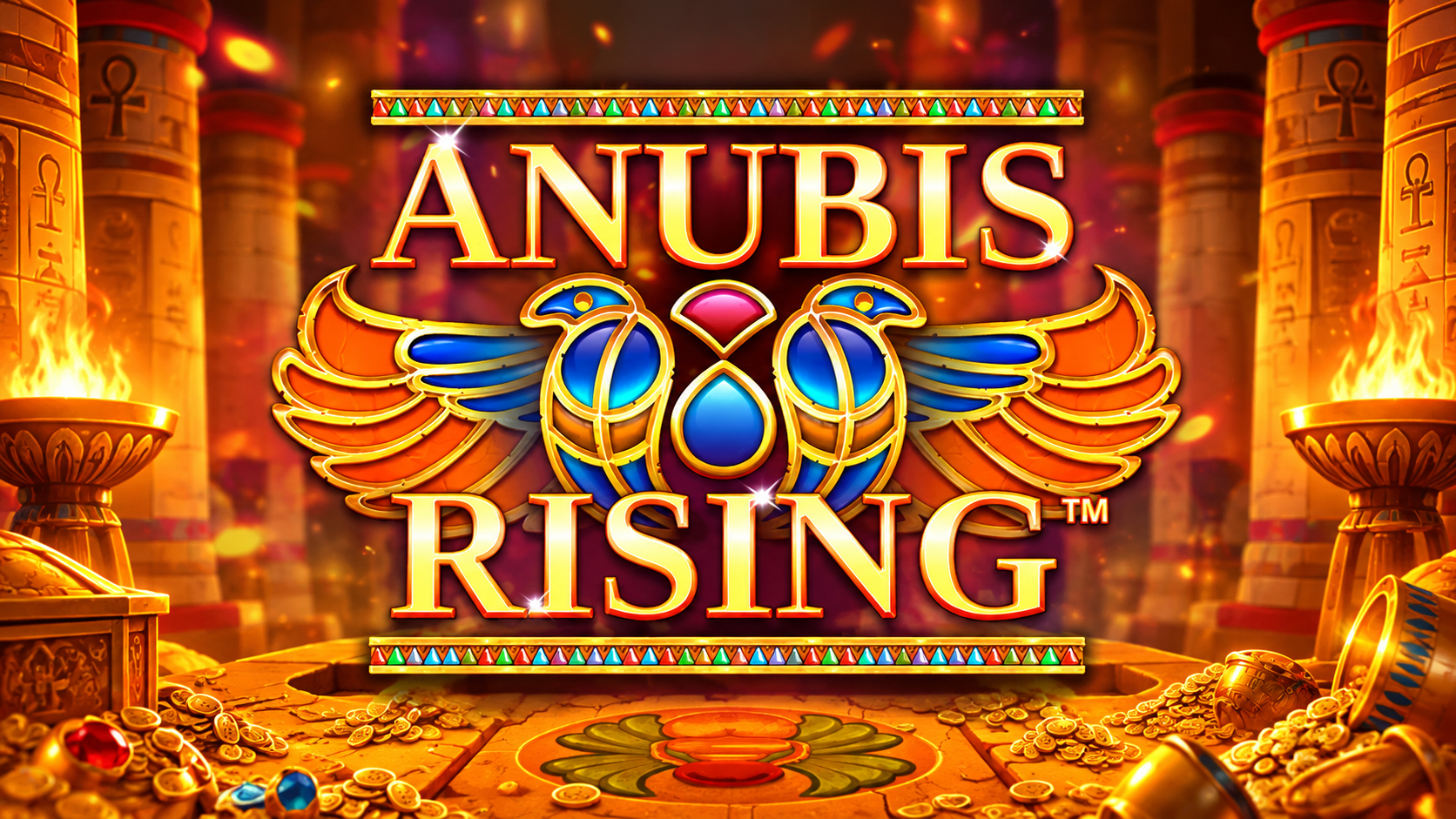 Immagine 16:9 di Slot Anubis Rising, la slot Blueprint Gaming ambientata nell’Antico Egitto, con logo centrale, simboli egizi e atmosfera luminosa.