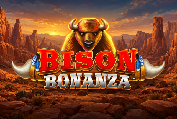 Slot Bison Bonanza di Blueprint con grande bisonte centrale, logo del gioco in primo piano e paesaggio roccioso sullo sfondo.