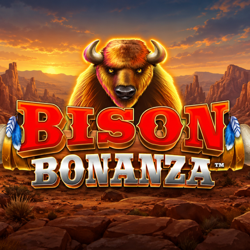 Slot Bison Bonanza di Blueprint con grande bisonte centrale, logo del gioco in primo piano e paesaggio roccioso sullo sfondo.