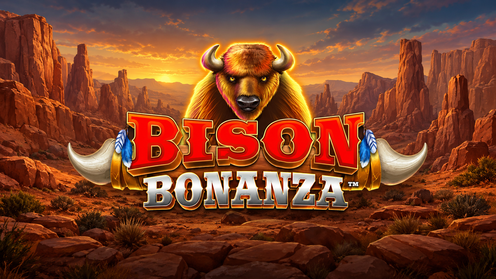 Slot Bison Bonanza di Blueprint con grande bisonte centrale, logo del gioco in primo piano e paesaggio roccioso sullo sfondo.