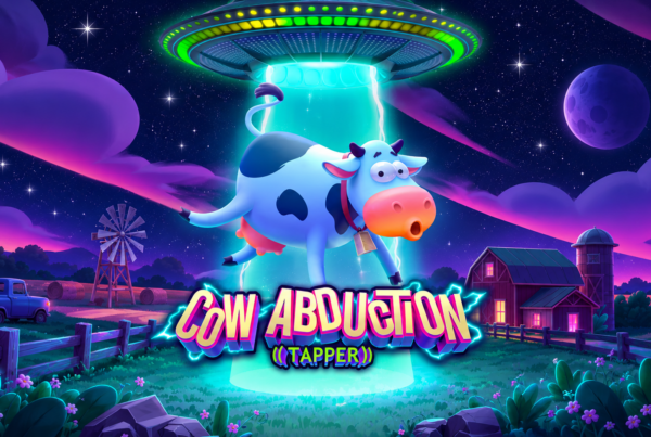Illustrazione della Slot Cow Abduction - Tapper di Greentube con una mucca rapita da un UFO in una fattoria sotto un cielo stellato.