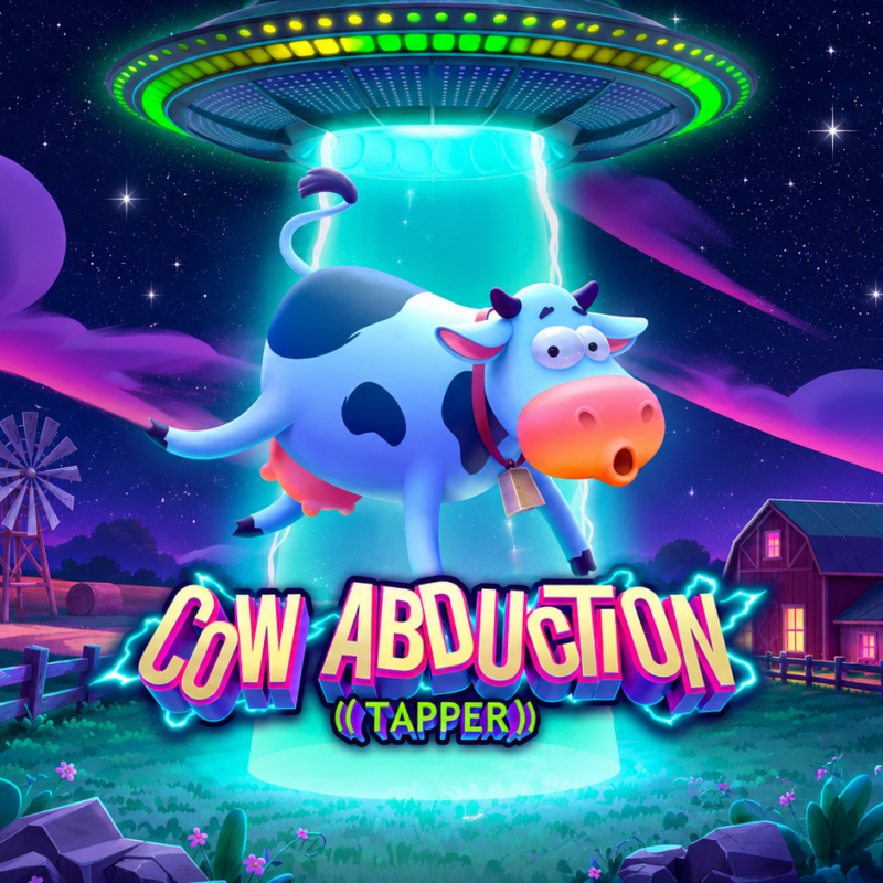 Illustrazione della Slot Cow Abduction - Tapper di Greentube con una mucca rapita da un UFO in una fattoria sotto un cielo stellato.