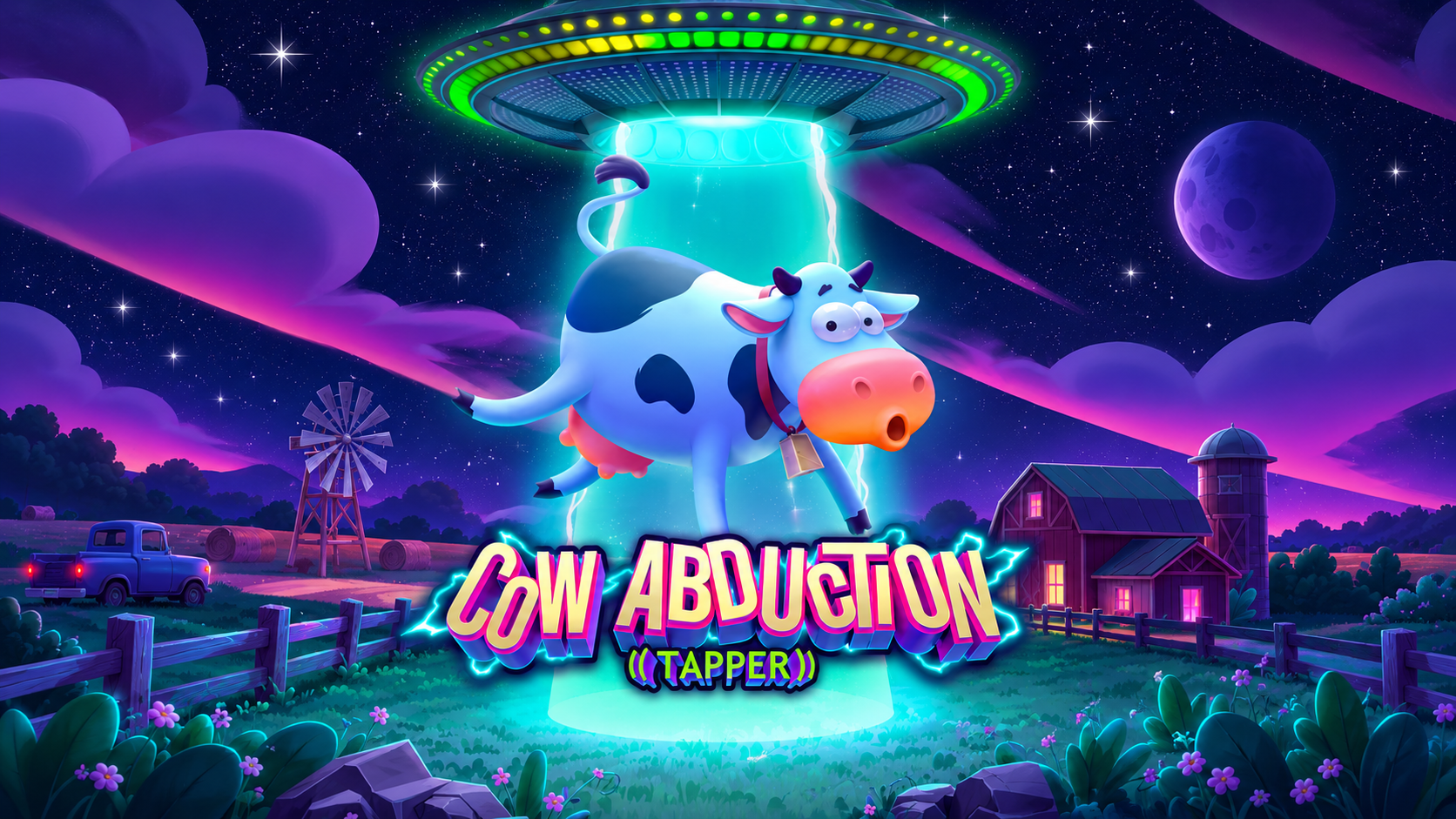 Illustrazione della Slot Cow Abduction - Tapper di Greentube con una mucca rapita da un UFO in una fattoria sotto un cielo stellato.