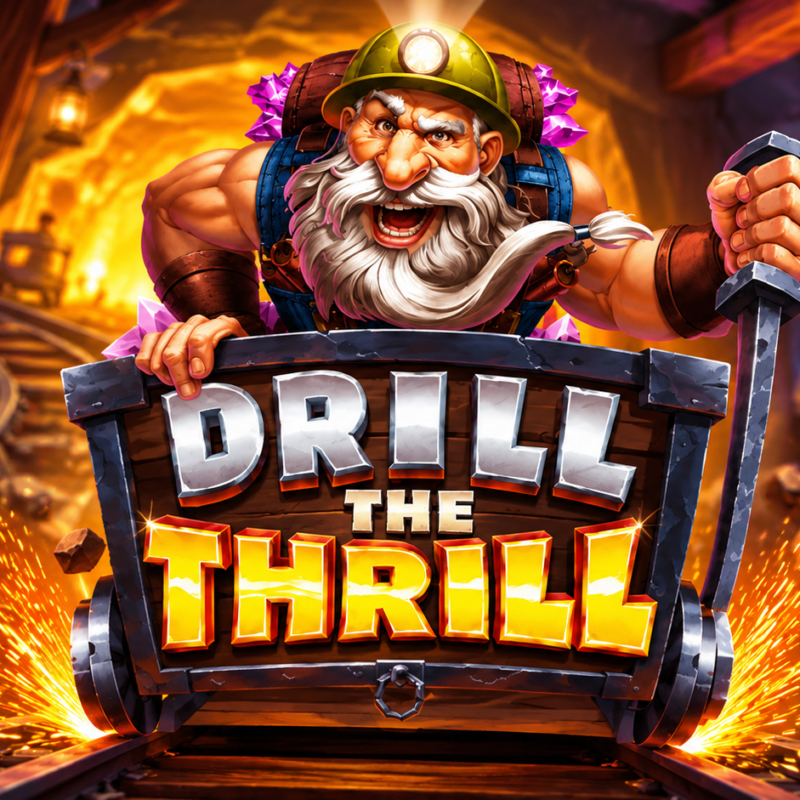 Slot Drill The Thrill con minatore, carrello da miniera, cristalli e ambientazione sotterranea