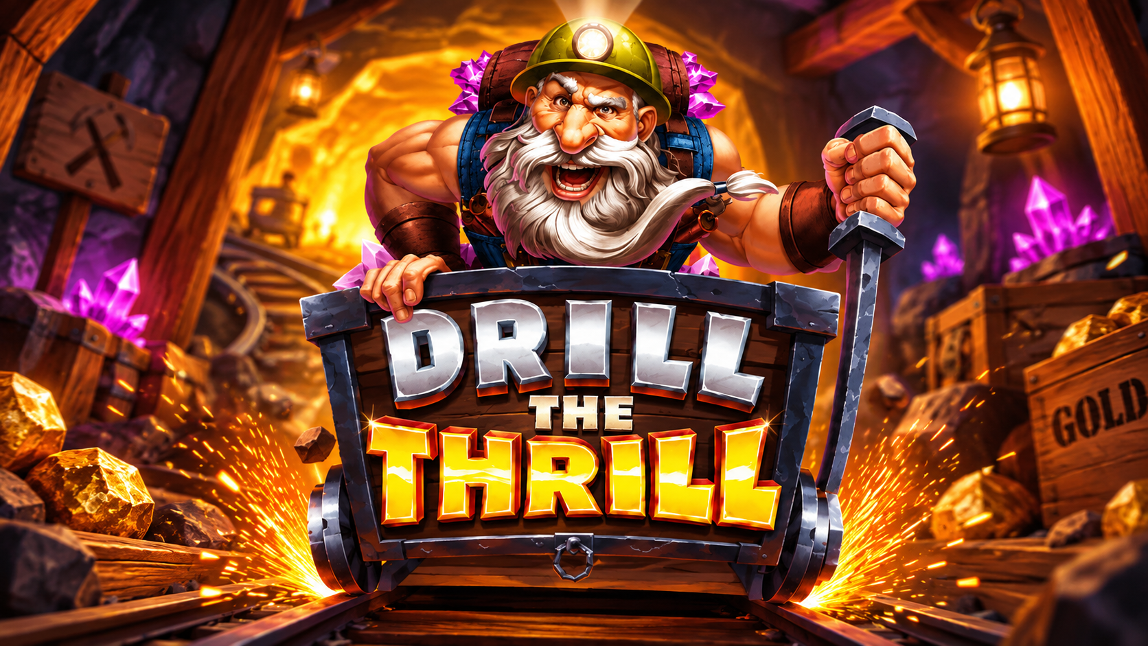 Slot Drill The Thrill con minatore, carrello da miniera, cristalli e ambientazione sotterranea