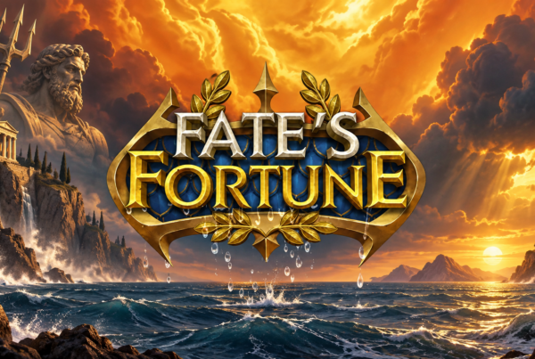 Slot Fate's Fortune con logo centrale, mare in tempesta, tempi greci e statua mitologica sullo sfondo.