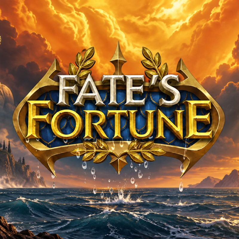 Slot Fate's Fortune con logo centrale, mare in tempesta, tempi greci e statua mitologica sullo sfondo.