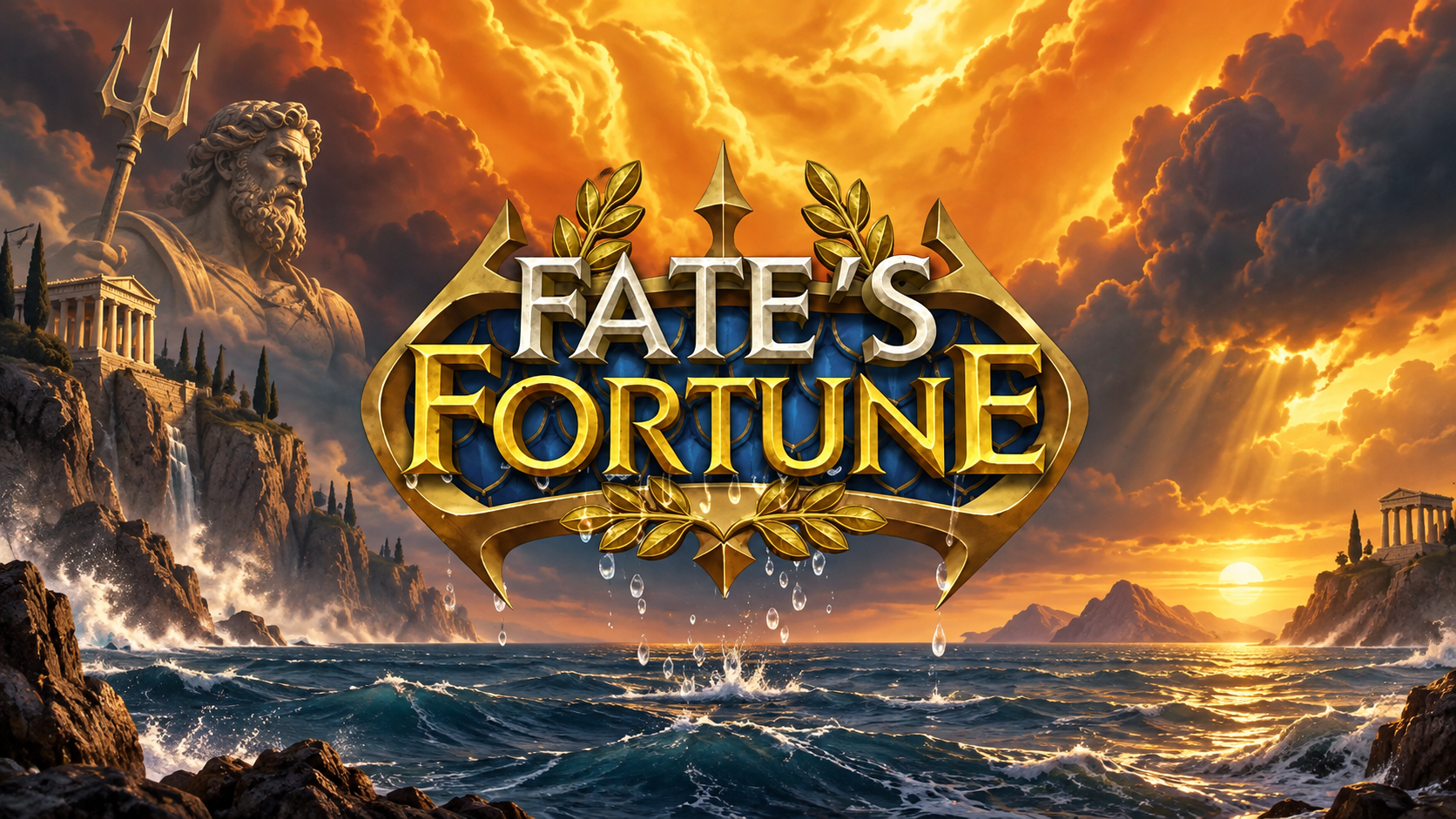 Slot Fate's Fortune con logo centrale, mare in tempesta, tempi greci e statua mitologica sullo sfondo.