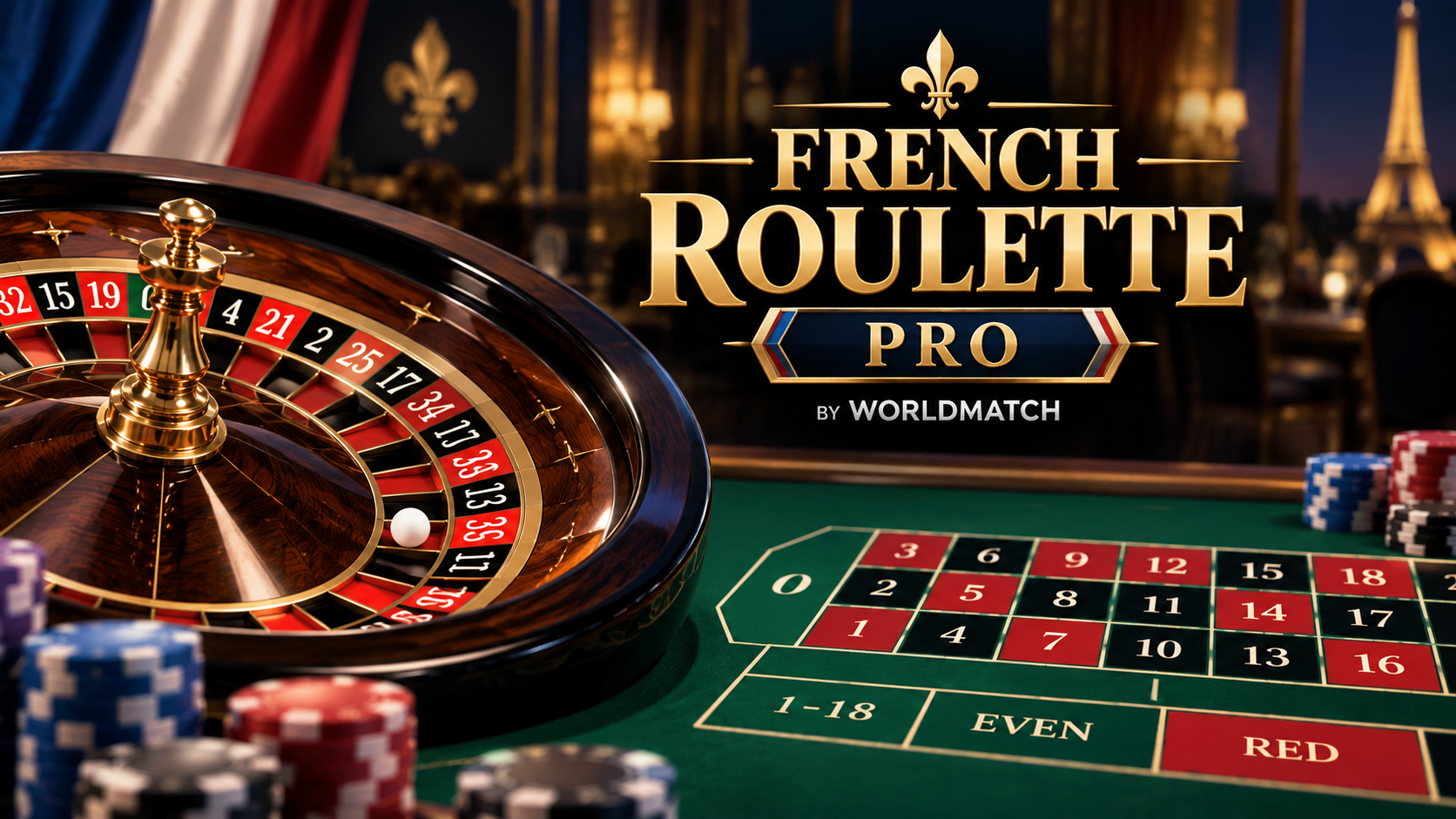 Slot French Roulette Pro di WorldMatch con tavolo verde, ruota della roulette e fiches da casinò in primo piano