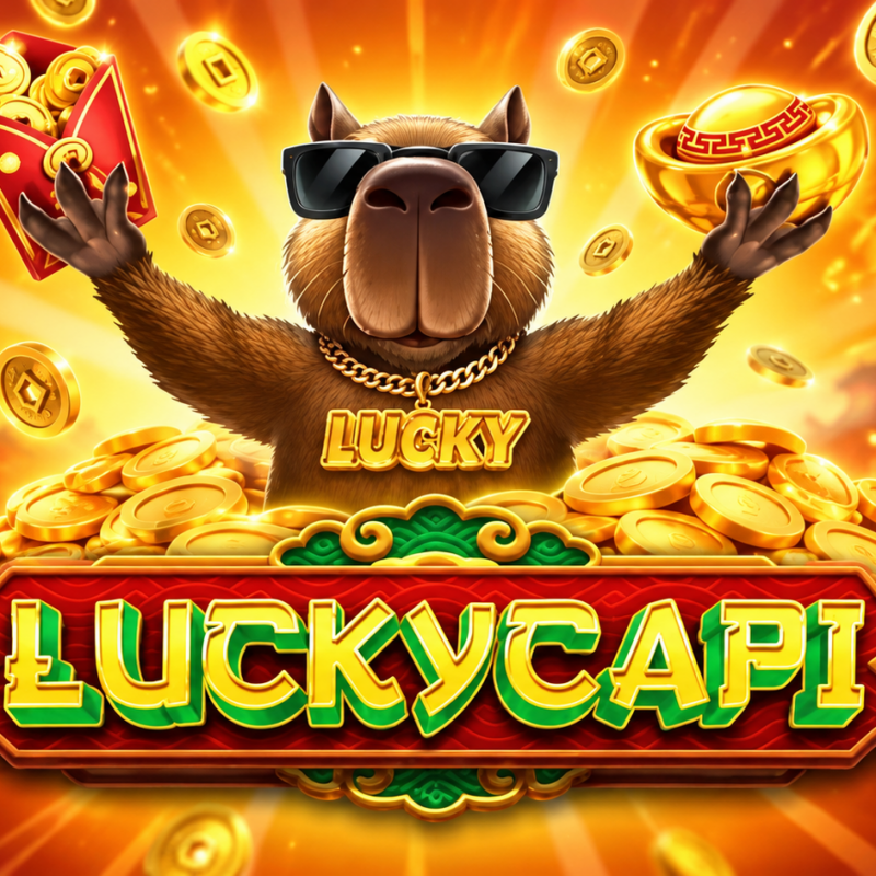 Slot Luckycapi di Greentube con capibara stilizzato, monete d’oro e ambientazione luminosa in formato 16:9